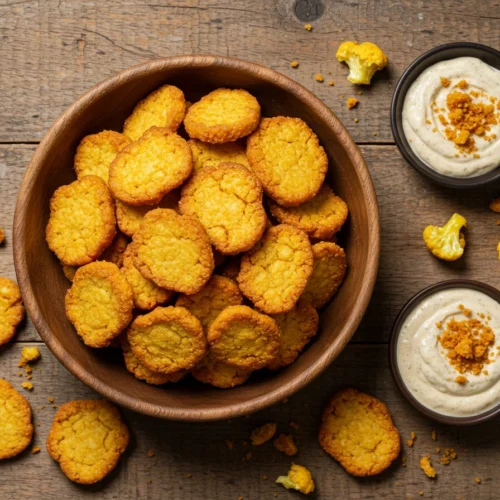 Golden crispy cauliflower chips in a bowl with dipping sauce on a rustic table