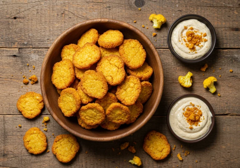 Golden crispy cauliflower chips in a bowl with dipping sauce on a rustic table