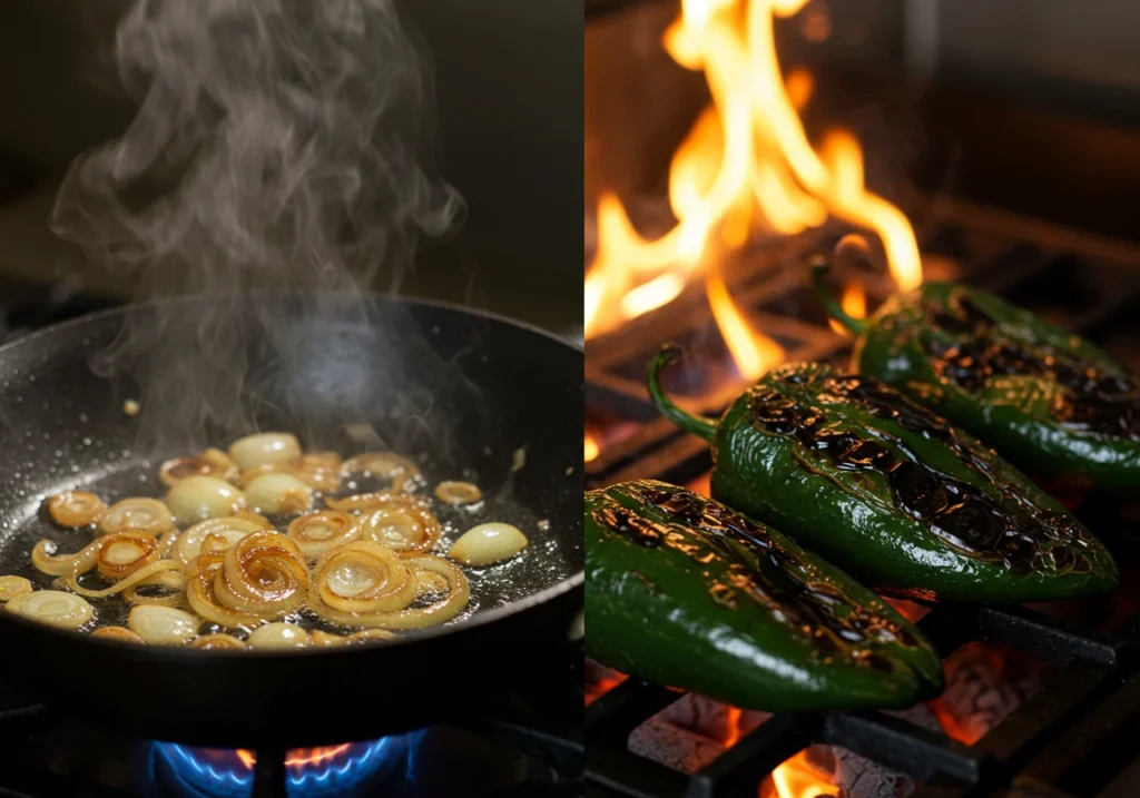 Cooking process showing onions caramelizing and poblanos roasting.