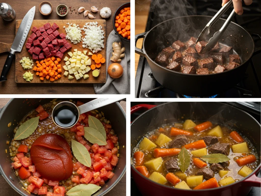 Step-by-step images of Hawaiian beef stew preparation