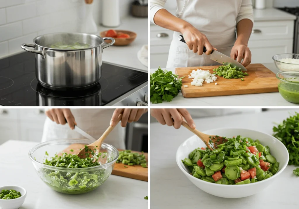 Step-by-step process of making Nopalitos Salad from fresh cactus