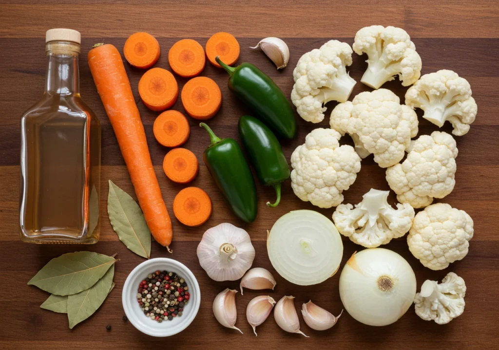 Ingredients for escabeche laid out on a wooden table