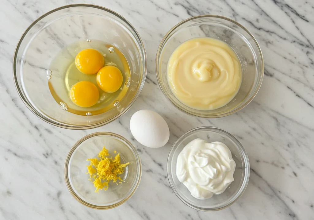 Flat lay of simple ingredients to make cloud cake.