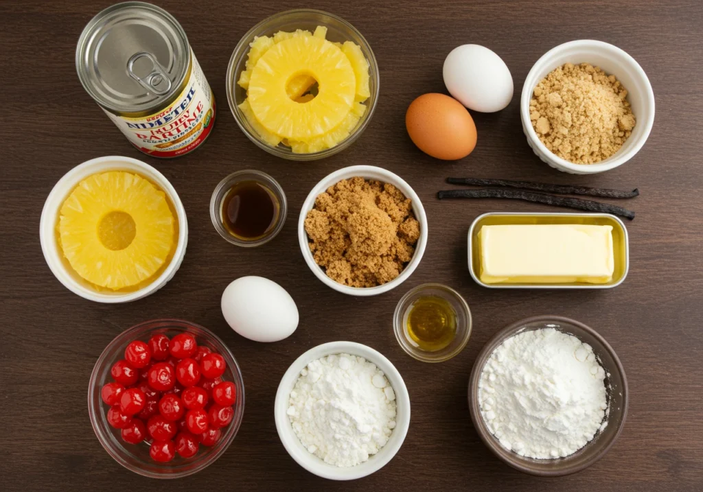 Pineapple upside down cake ingredients arranged on a wooden table