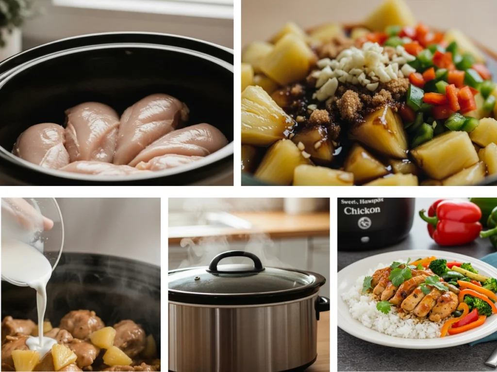 Step-by-step process of cooking sweet Hawaiian chicken in a slow cooker