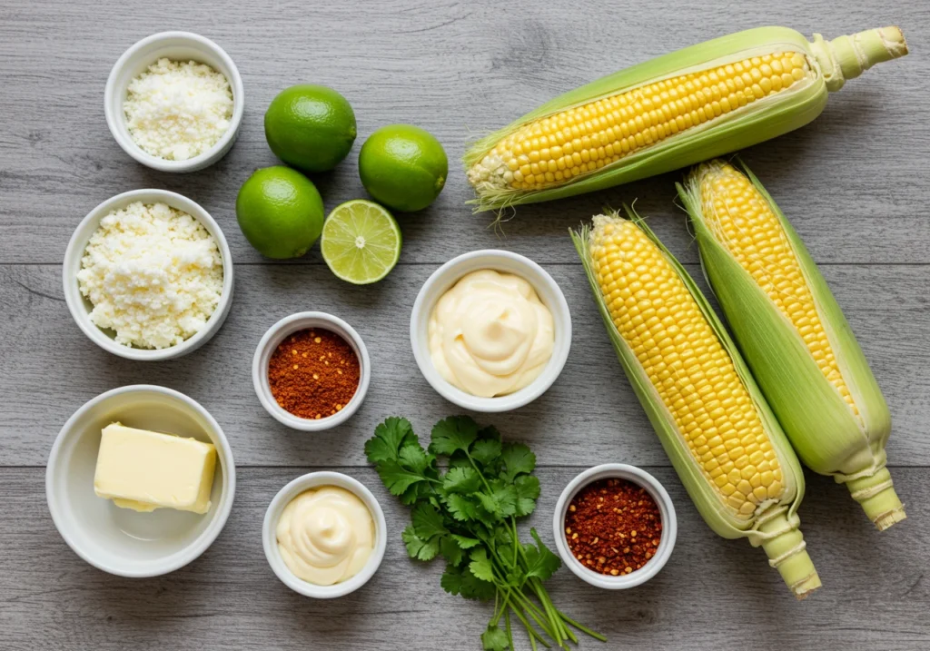 Fresh ingredients for making elote including corn, cheese, and lime