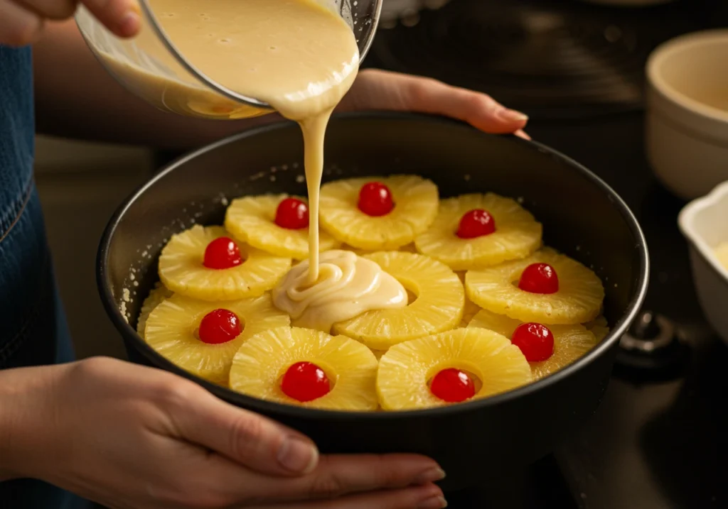 Pouring cake batter over pineapples before baking
