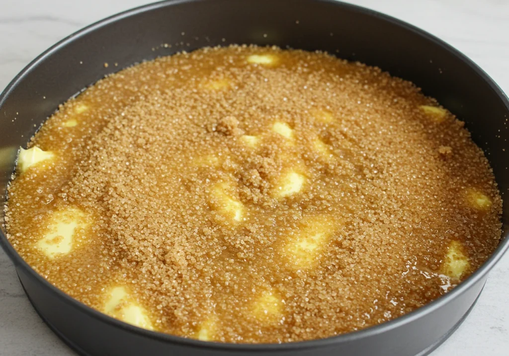 Preparing the cake pan with butter and brown sugar