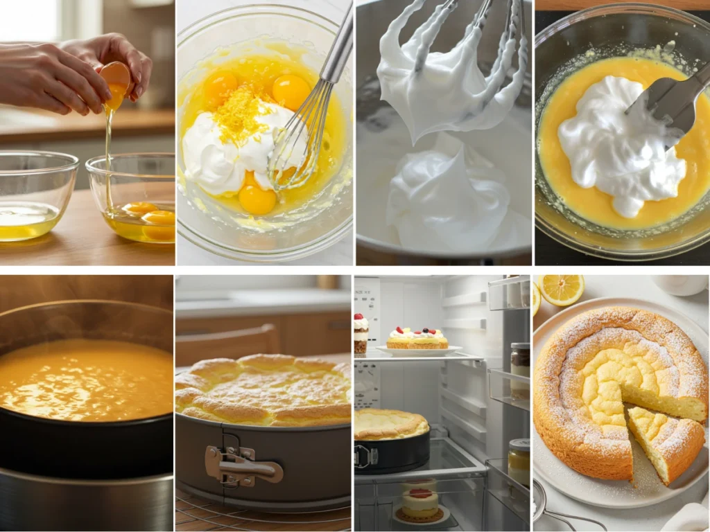 Step-by-step process of making cloud cake from whisking to baking.