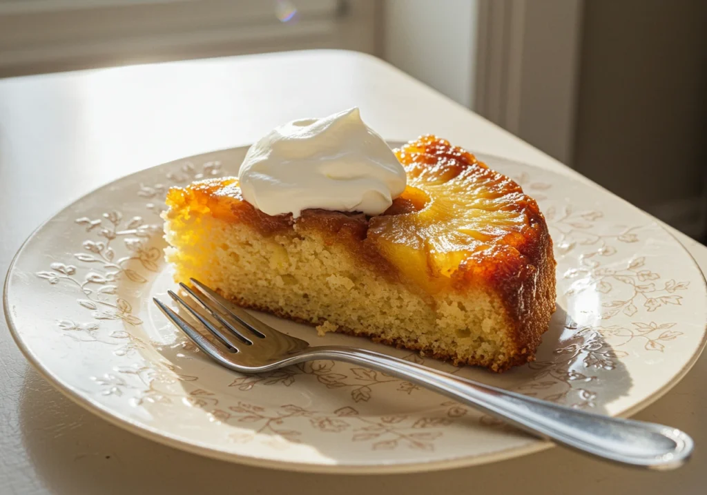 Slice of pineapple upside down cake served with whipped cream