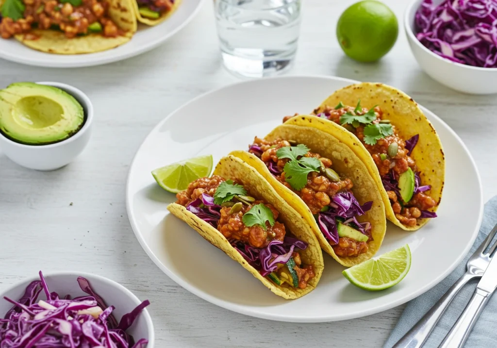 Served zucchini tacos with toppings and lime wedges