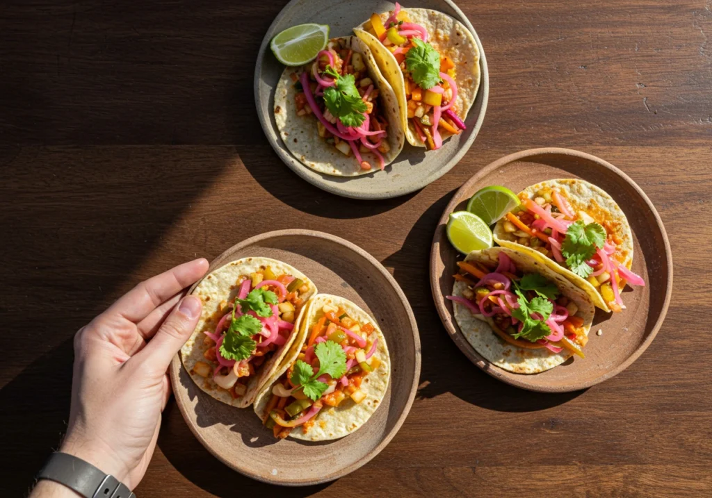 Tacos topped with escabeche pickled veggies
