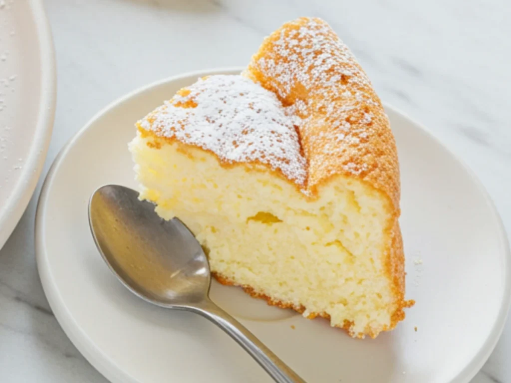 Slice of cloud cake with powdered sugar served on a plate.