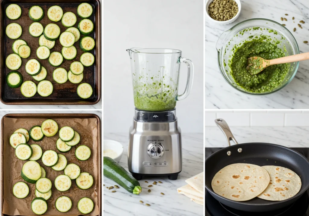 Cooking steps showing roasting zucchini, toasting pepitas, and blending salsa