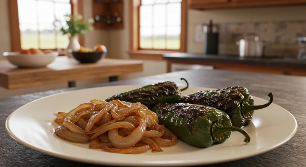 Caramelized onions and roasted poblano peppers on a wooden cutting board.