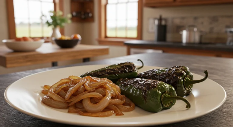 Caramelized onions and roasted poblano peppers on a wooden cutting board.