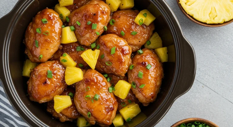 Sweet Hawaiian crockpot chicken with pineapple chunks in a bowl