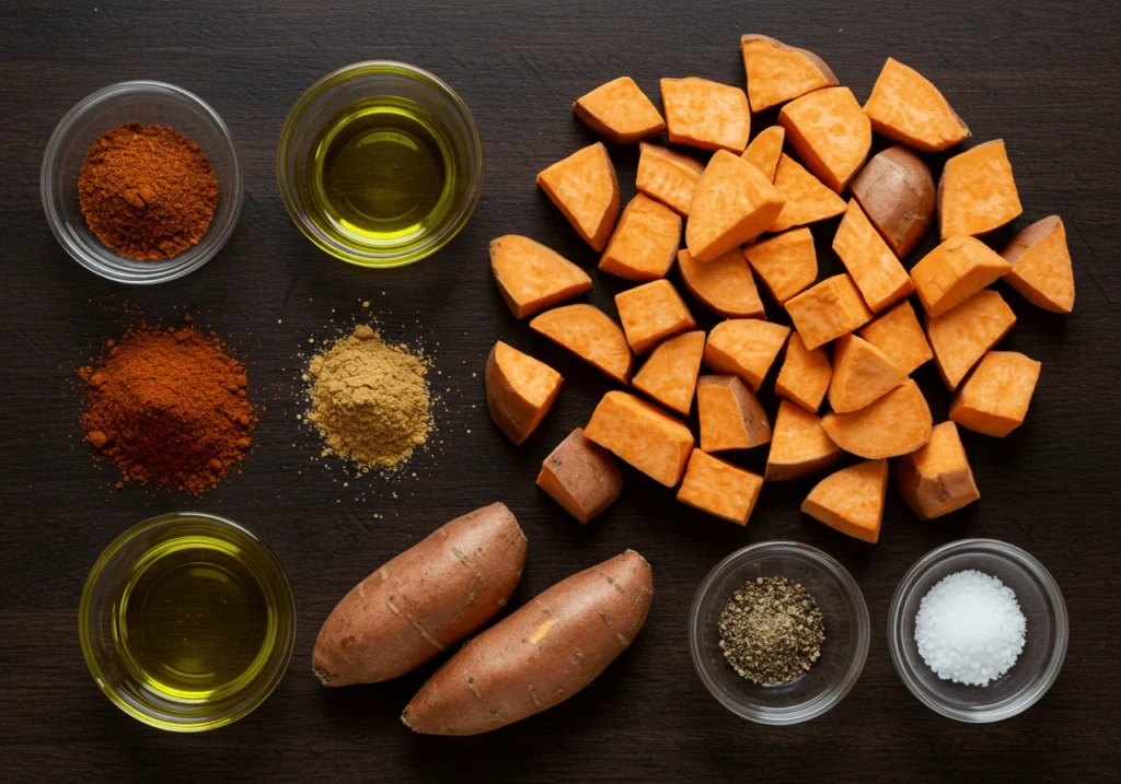 Raw ingredients for roasted sweet potatoes with ancho chili