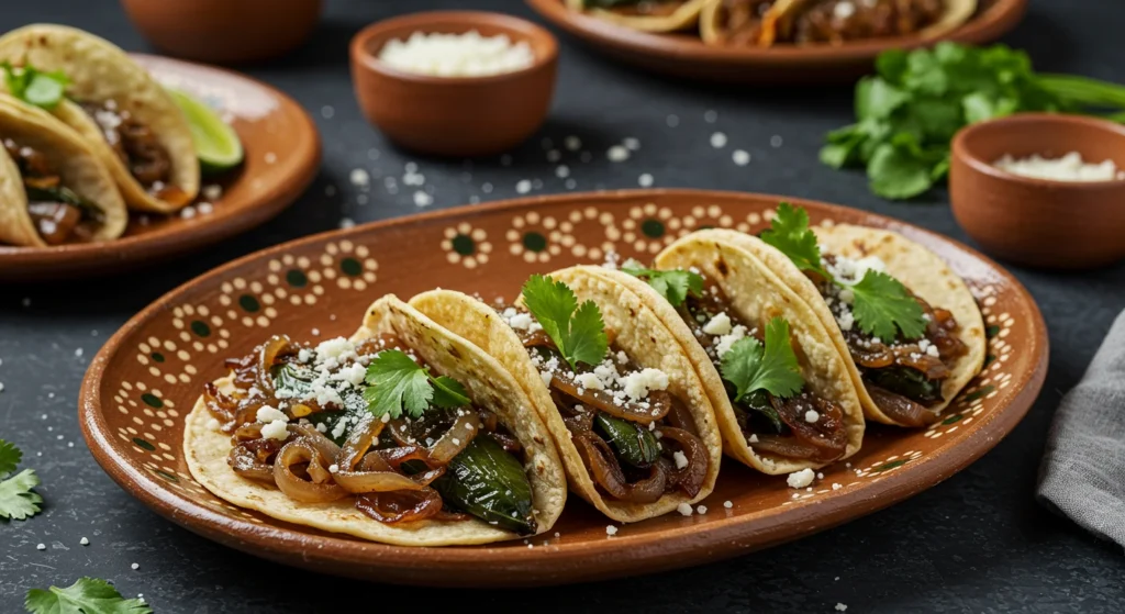 Caramelized onion and poblano pepper tacos served with cheese and lime.