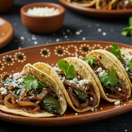 Caramelized onion and poblano pepper tacos served with cheese and lime.