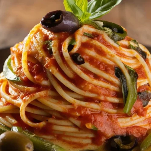 Dominican spaghetti served hot with tomato sauce, olives, and peppers