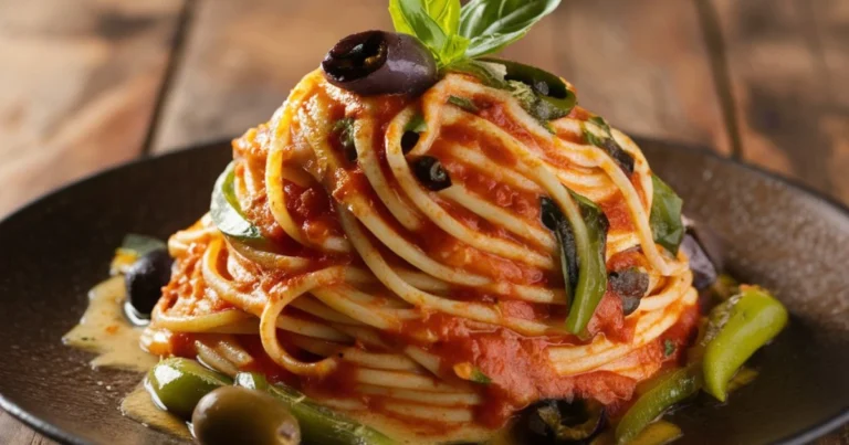 Dominican spaghetti served hot with tomato sauce, olives, and peppers