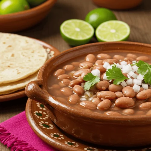 Frijoles de la olla in a rustic Mexican kitchen with sunlight and a clay pot