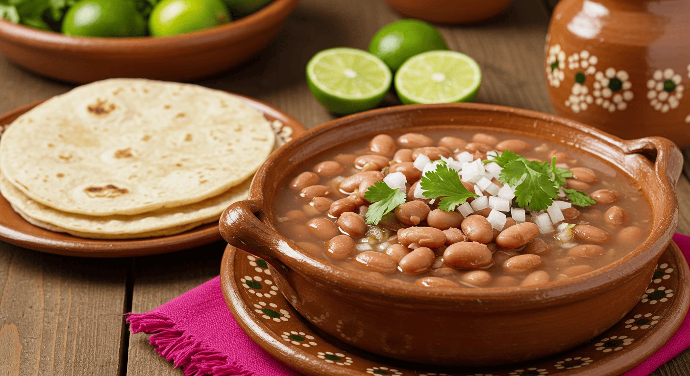 Frijoles de la olla in a rustic Mexican kitchen with sunlight and a clay pot