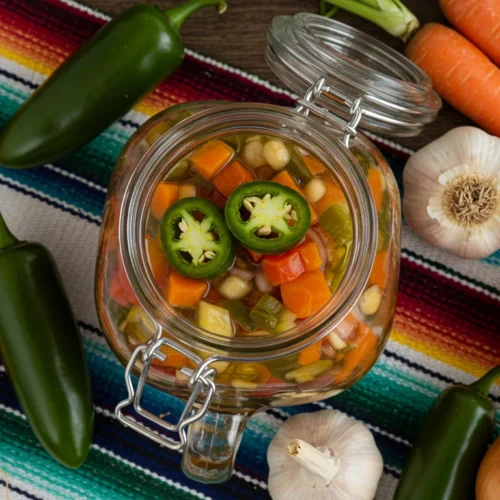 Mexican pickled veggies in a glass jar with vibrant ingredients