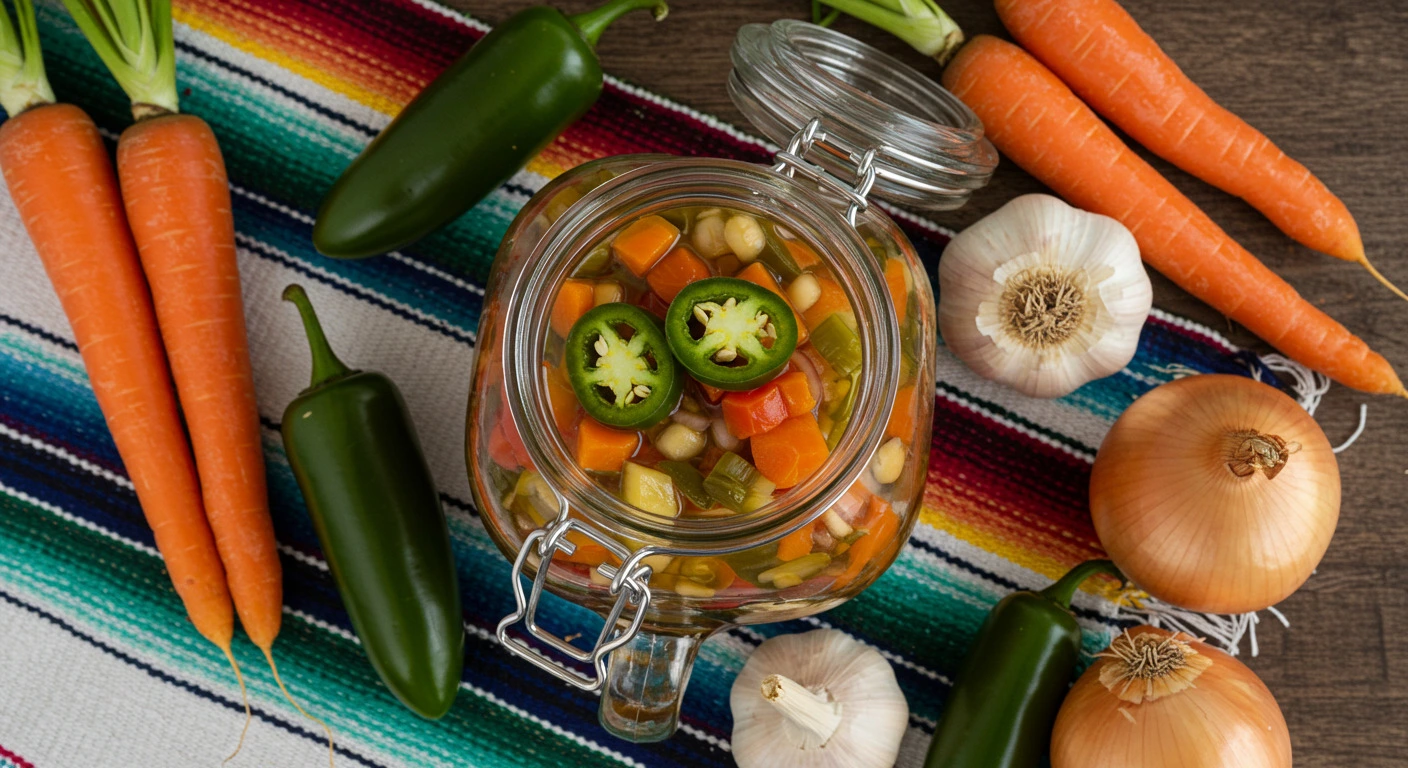 Mexican pickled veggies in a glass jar with vibrant ingredients