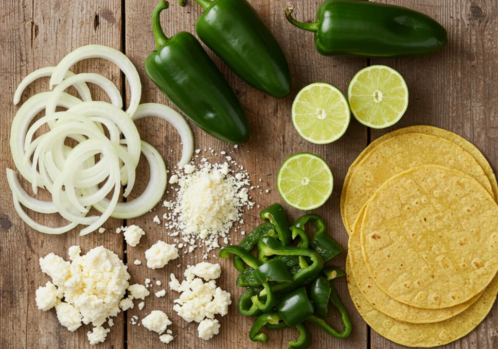 Flat-lay of ingredients for caramelized onion and poblano pepper tacos.