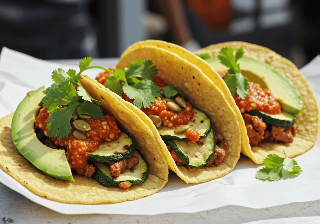 Zucchini tacos with pepita salsa and fresh toppings.