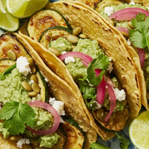 Vibrant zucchini tacos with pepita salsa, avocado, and pickled onions on a rustic plate