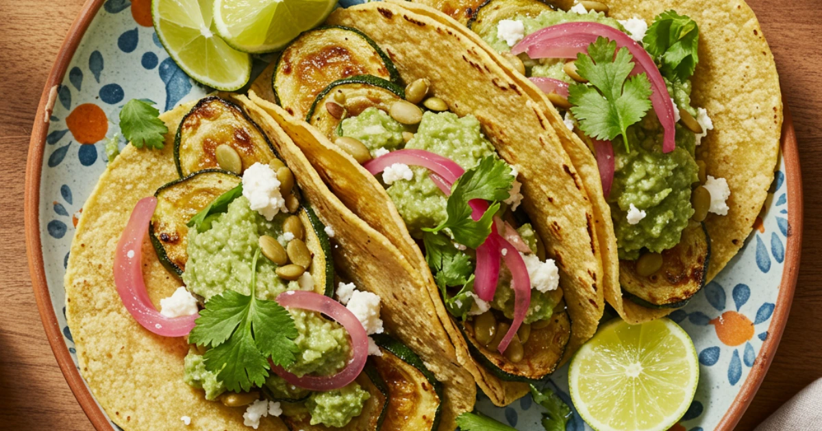 Vibrant zucchini tacos with pepita salsa, avocado, and pickled onions on a rustic plate