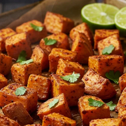 Crispy roasted sweet potatoes with ancho chili on a rustic tray