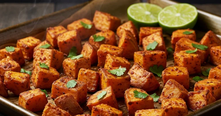 Crispy roasted sweet potatoes with ancho chili on a rustic tray