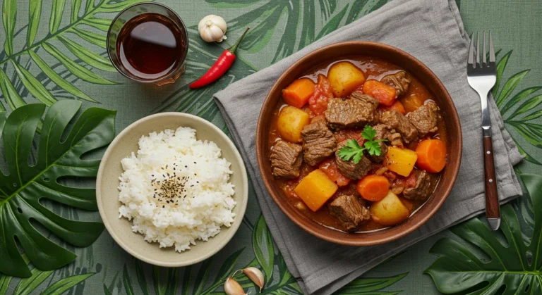 Hawaiian beef stew in a bowl with vegetables on a tropical-themed table