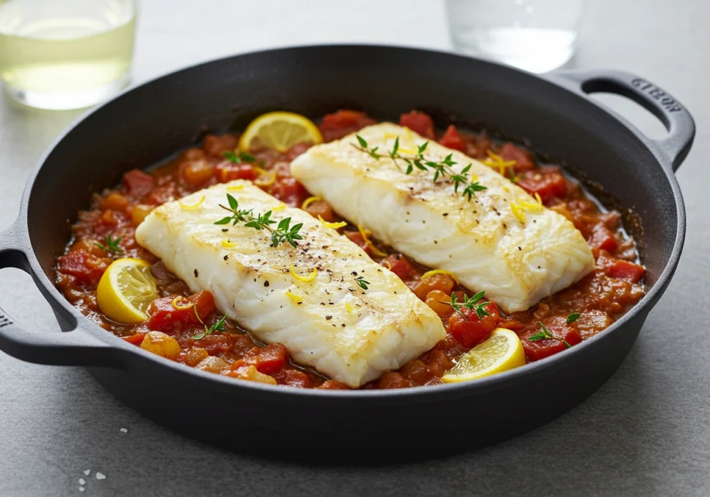 Cooking steps for baked Cornish cod with Piperade from prep to oven