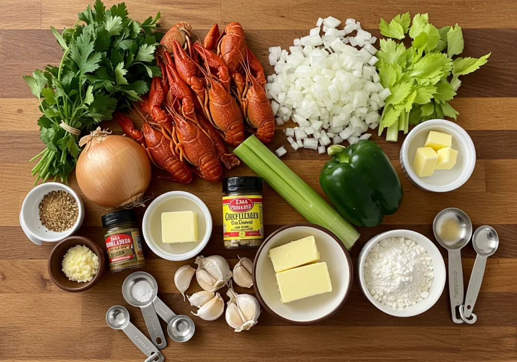 Ingredients for making crawfish etouffee laid out on a wooden kitchen counter.