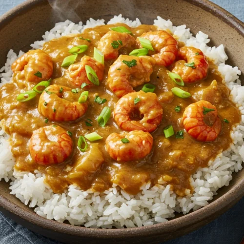 Authentic crawfish etouffee recipe served over rice, garnished with herbs in a rustic bowl.