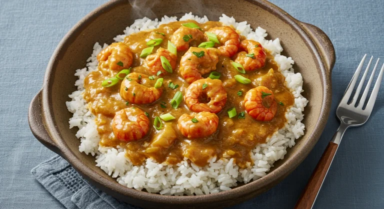 Authentic crawfish etouffee recipe served over rice, garnished with herbs in a rustic bowl.