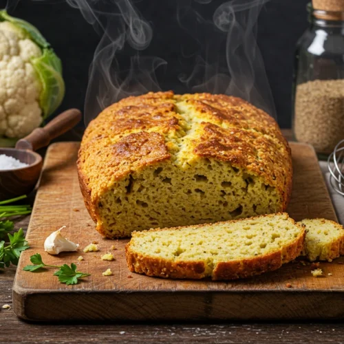 Freshly baked cauliflower bread loaf with herbs