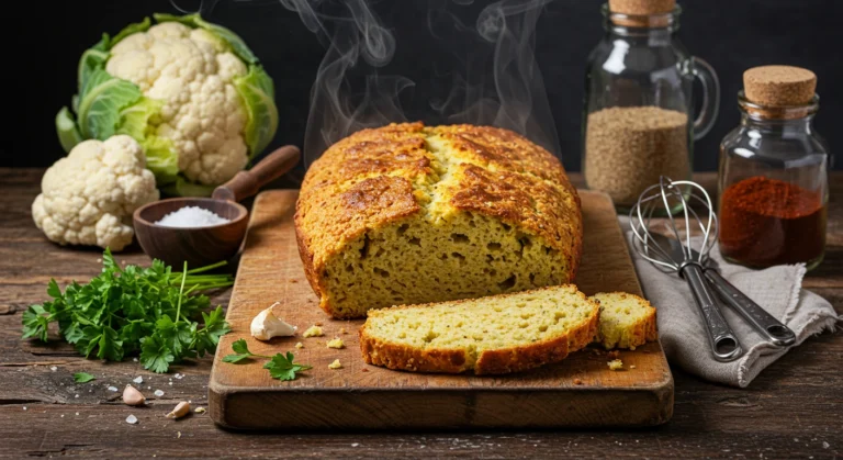 Freshly baked cauliflower bread loaf with herbs