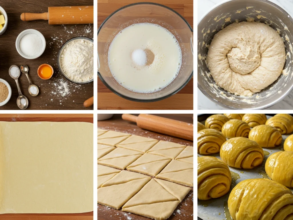 Step-by-step process of making gipfeli from rolling to baking.