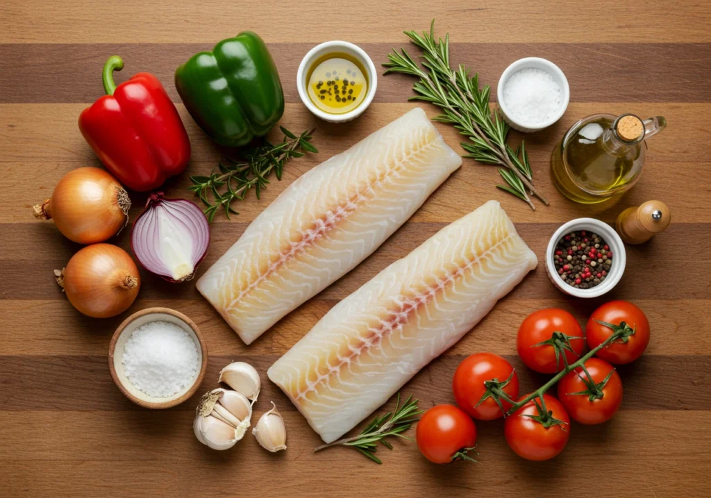 Fresh ingredients for baked Cornish cod Piperade laid out on a kitchen counter