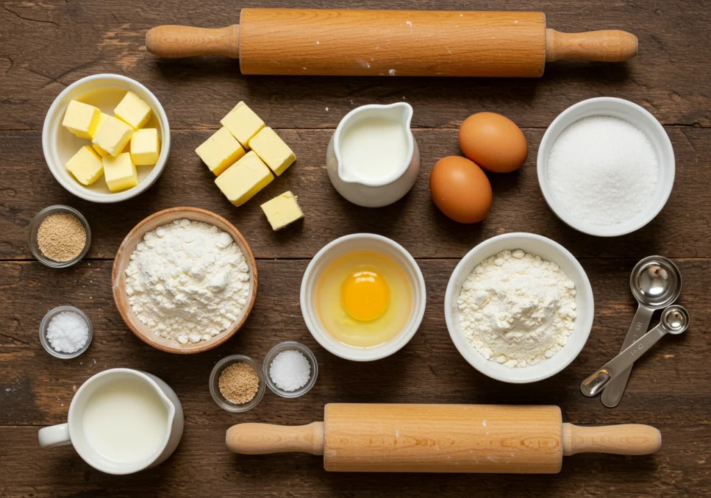 Ingredients for making homemade gipfeli laid out on a wooden kitchen surface.