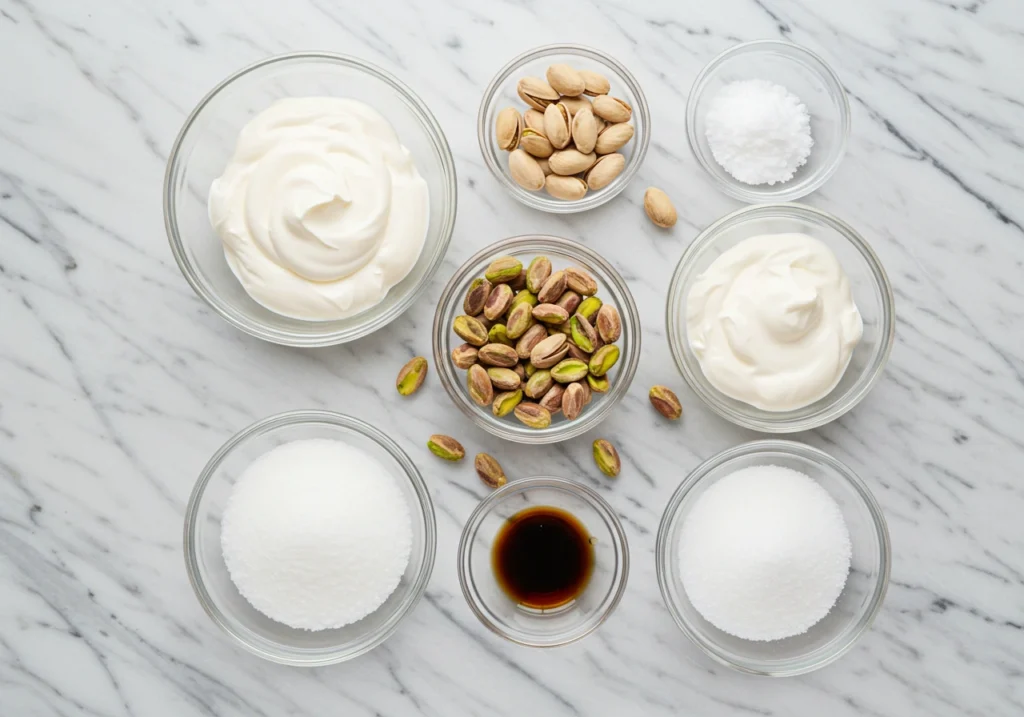 Pistachio cream ingredients on a marble surface, including raw pistachios and cream