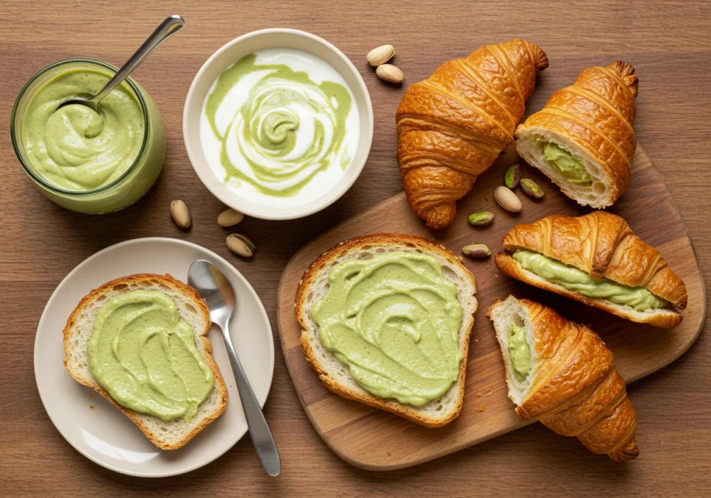 Serving ideas for pistachio cream including toast, yogurt, and filled pastries