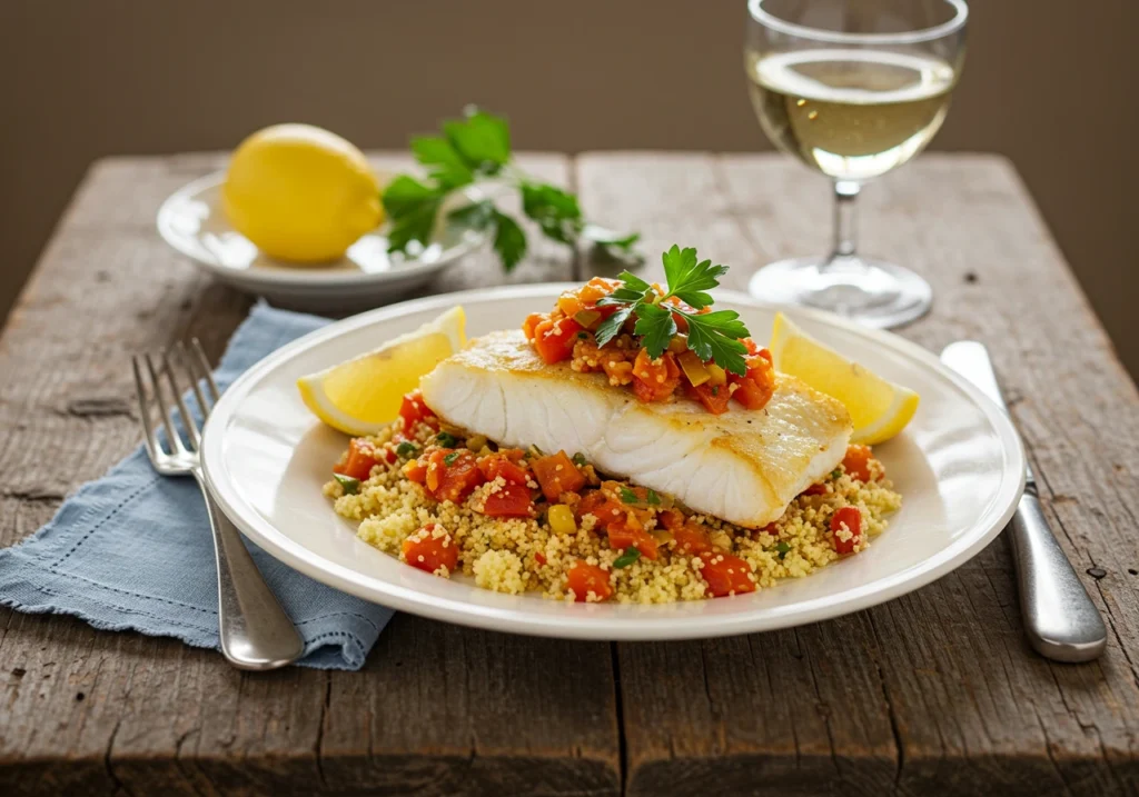 Served Cornish cod with Piperade, couscous, and lemon wedges on a rustic table