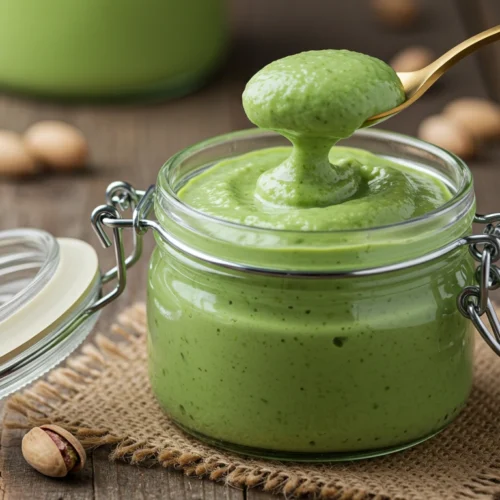 Homemade pistachio cream recipe in a glass jar with spoon on rustic table